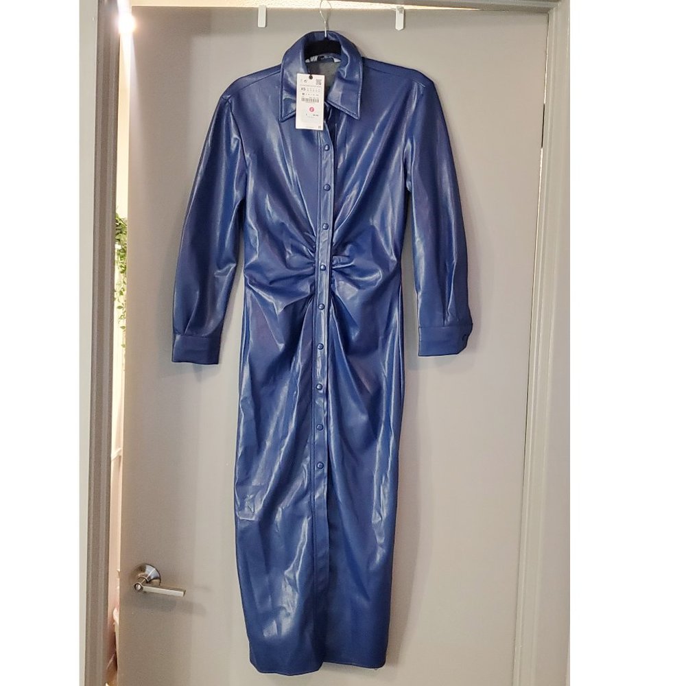 Zara Blue Faux Leather Shirt Dress-- (XS) NWT